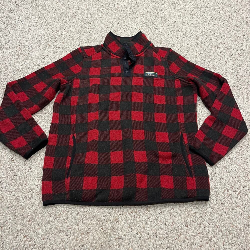 LL Bean Sweater Fleece Pullover M Buffalo Plaid Preppy Fall Cozy Casual Outdoor